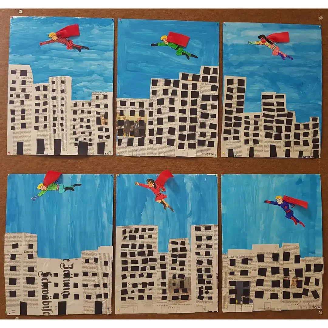 14 Newspaper Craft Ideas for Preschoolers: Roosters, Hats, Tiny Towns and More 3 Superhero City Skyline With Newspaper Buildings