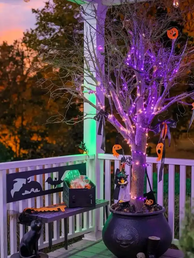 Purple Lit Branch Tree in a Witch Cauldron