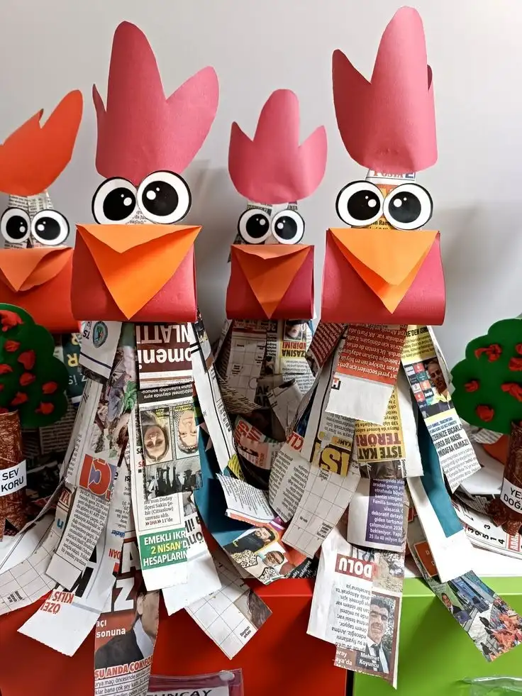 14 Newspaper Craft Ideas for Preschoolers: Roosters, Hats, Tiny Towns and More 8 Fringed Newspaper Roosters With Big Paper Eyes